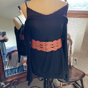 BLACK- Lane Bryant Classic Long-Sleeve Off-The-Shoulder Top With Faux Cami 18/20